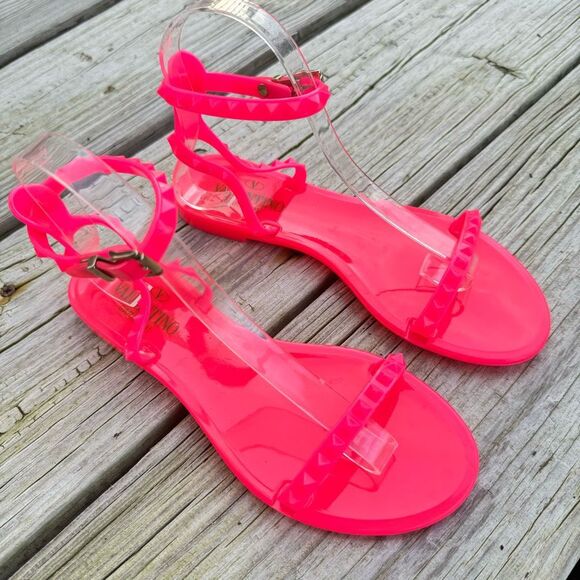Valentino Garavani Rockstud PVC Jelly Sandals Flats Jellies Hot Neon Pink 38 / 8 - Picture 3 of 13